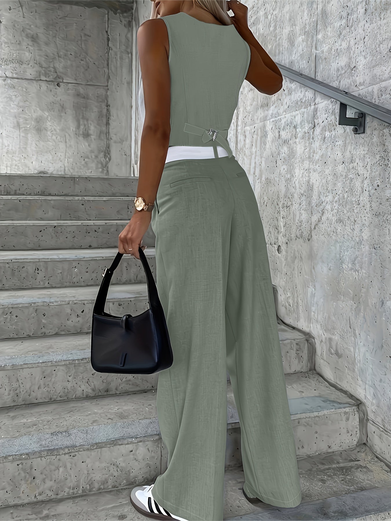 Two-piece wide-leg pants set with sleeveless button-up vest for women