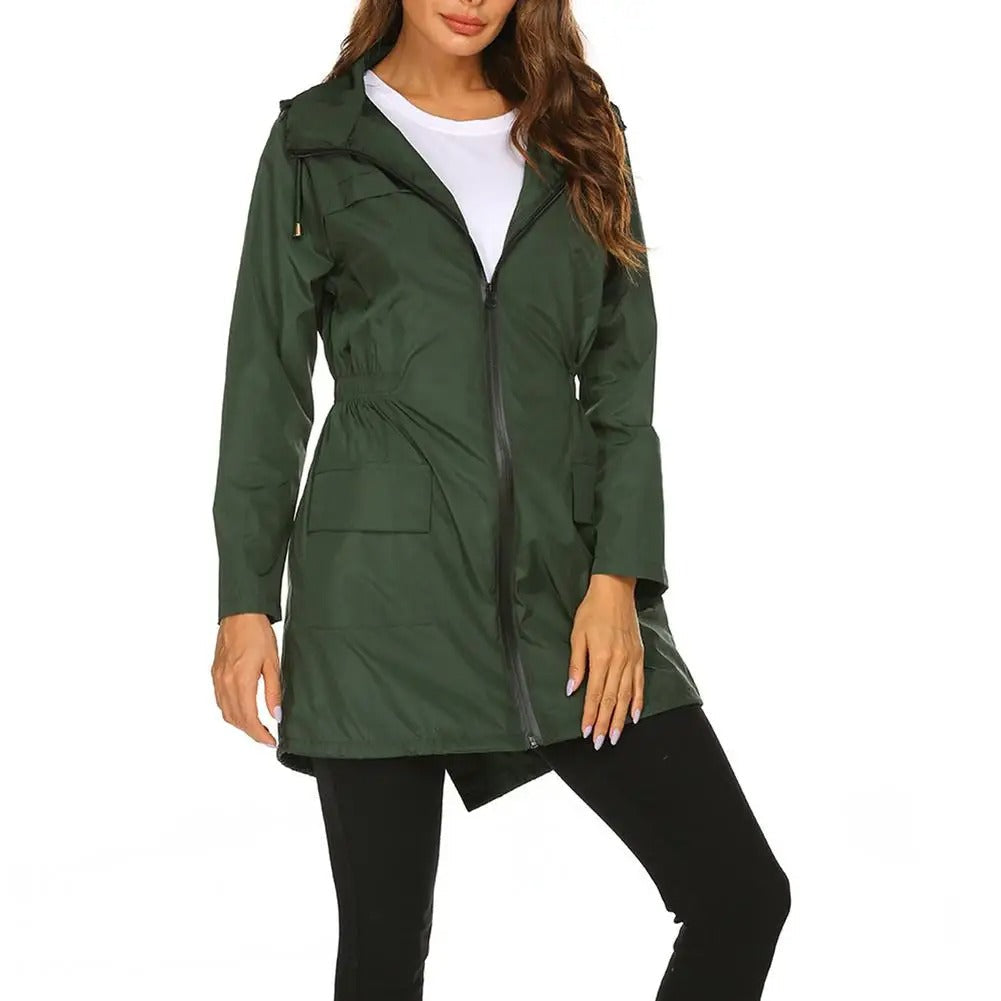 Fashionable windbreaker mackintosh for women with drawstring