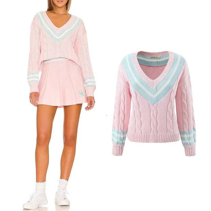 Cable knit tennis jumper and pleated skirt set