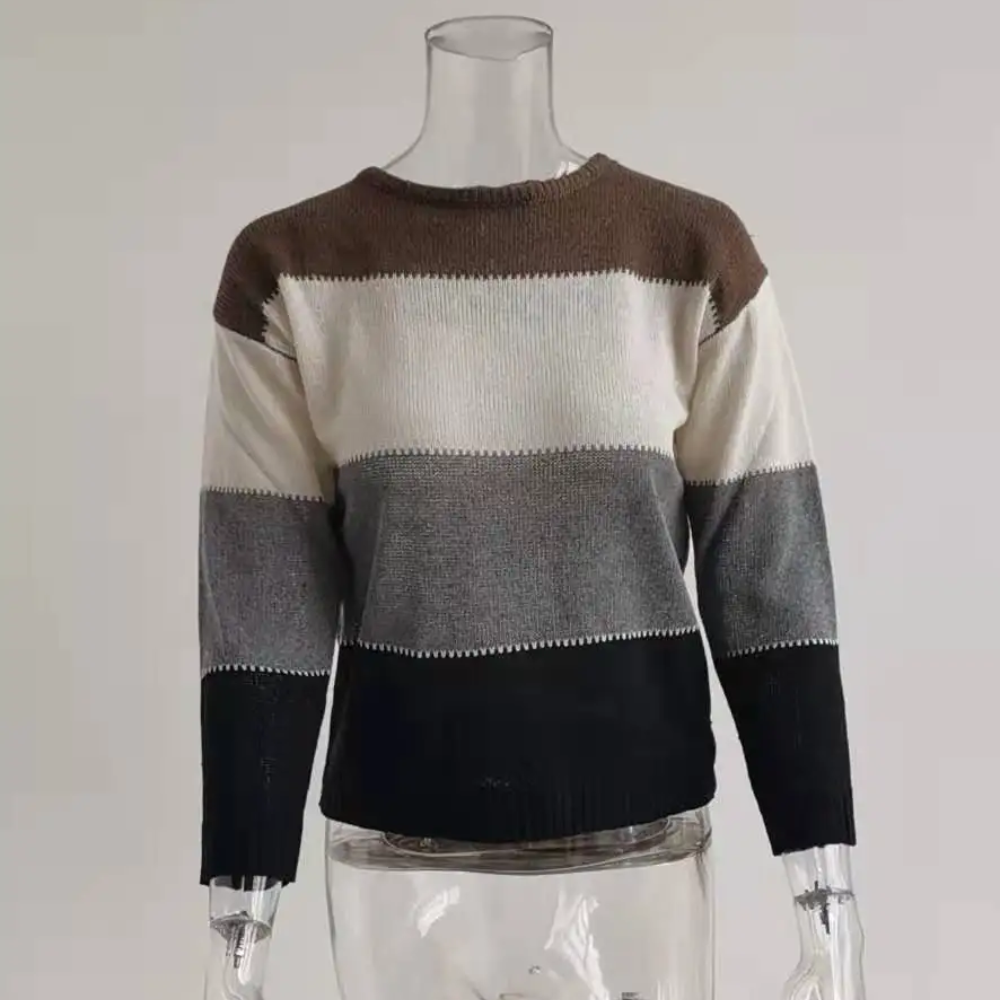 Casual Knitted Women's Sweater, Colour Block Design