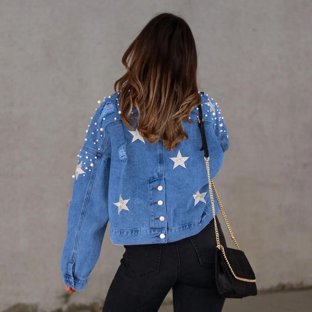 Denim jacket with pearl embellishment and star accents