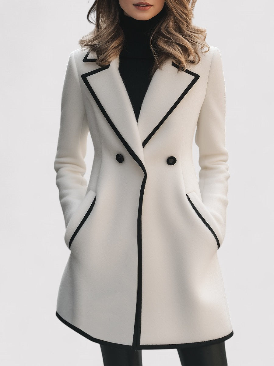 Ancien | Women's Chic Double-Breasted White Coat with Black Trim