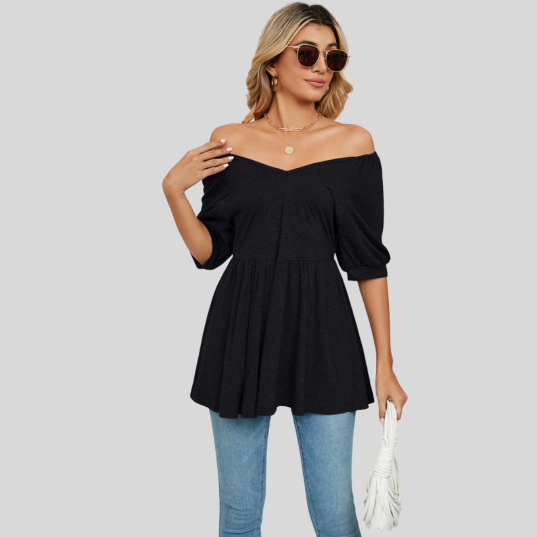 Wide flared peplum top with V-neckline