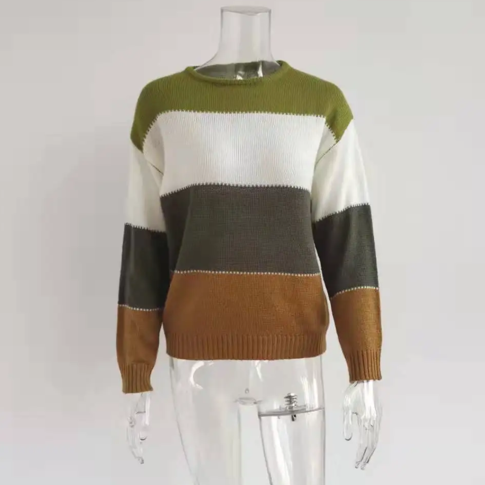 Casual Knitted Women's Sweater, Colour Block Design