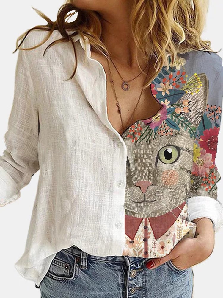 Cartoon print stitching lapel long sleeve button blouse women