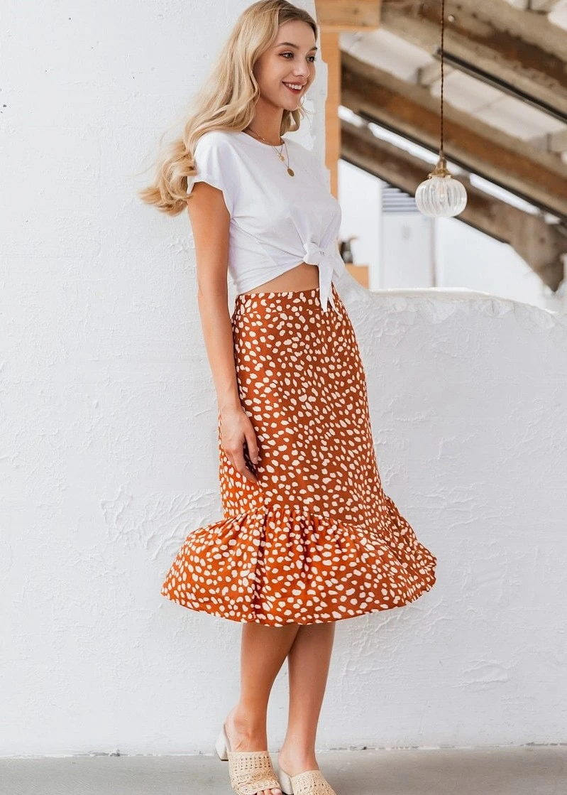 Mid-length ruffled skirt High waist skirt