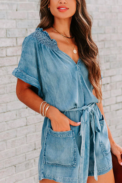 Agnes - V Neck Tie Waist Denim Romper