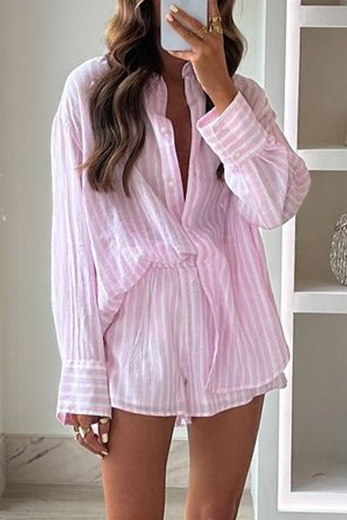 Xanthe - Striped Blouse & Elastic Waist Shorts Set