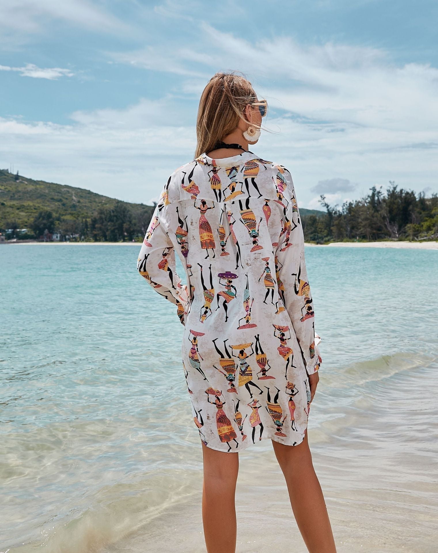 Luxury Beach Cartoon Printed Shirt Style Cover-up