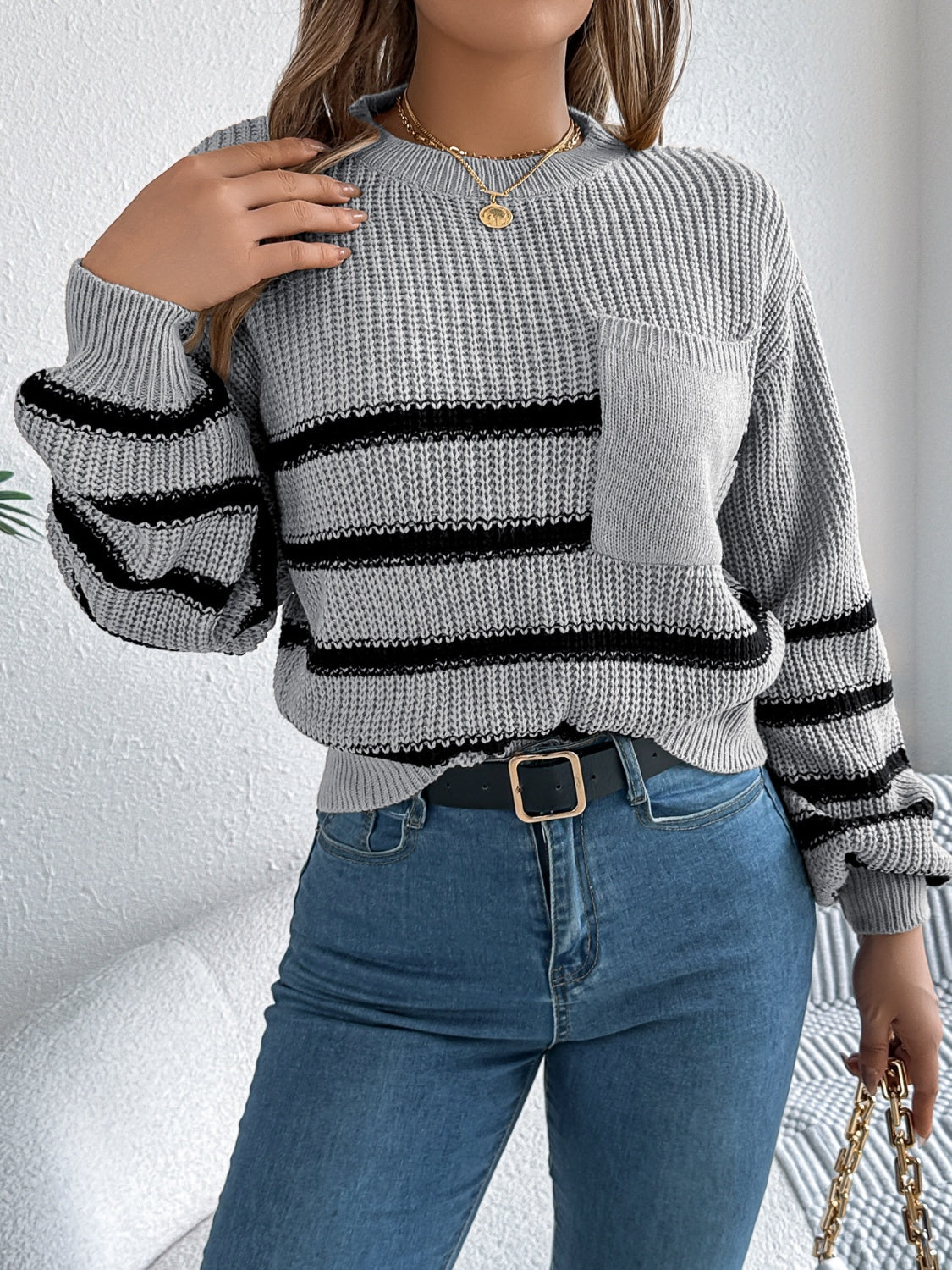 Striped Round Neck Long Sleeve Sweater