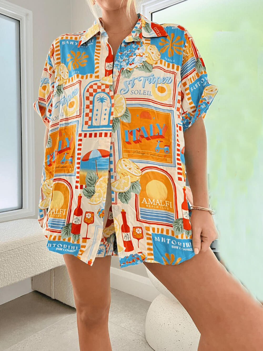 Zale - Loose Sun Printed Shirt and Short Set