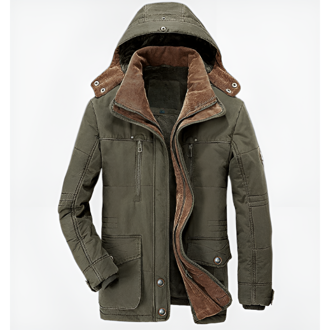 Thick winter jacket with hood and deep pockets