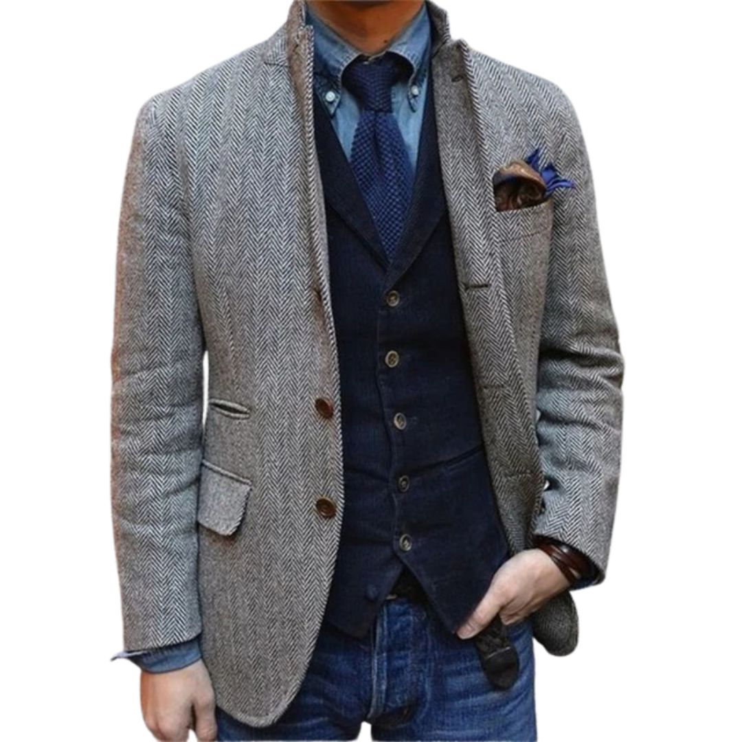 Elegant Herringbone Wool Formal Blazer