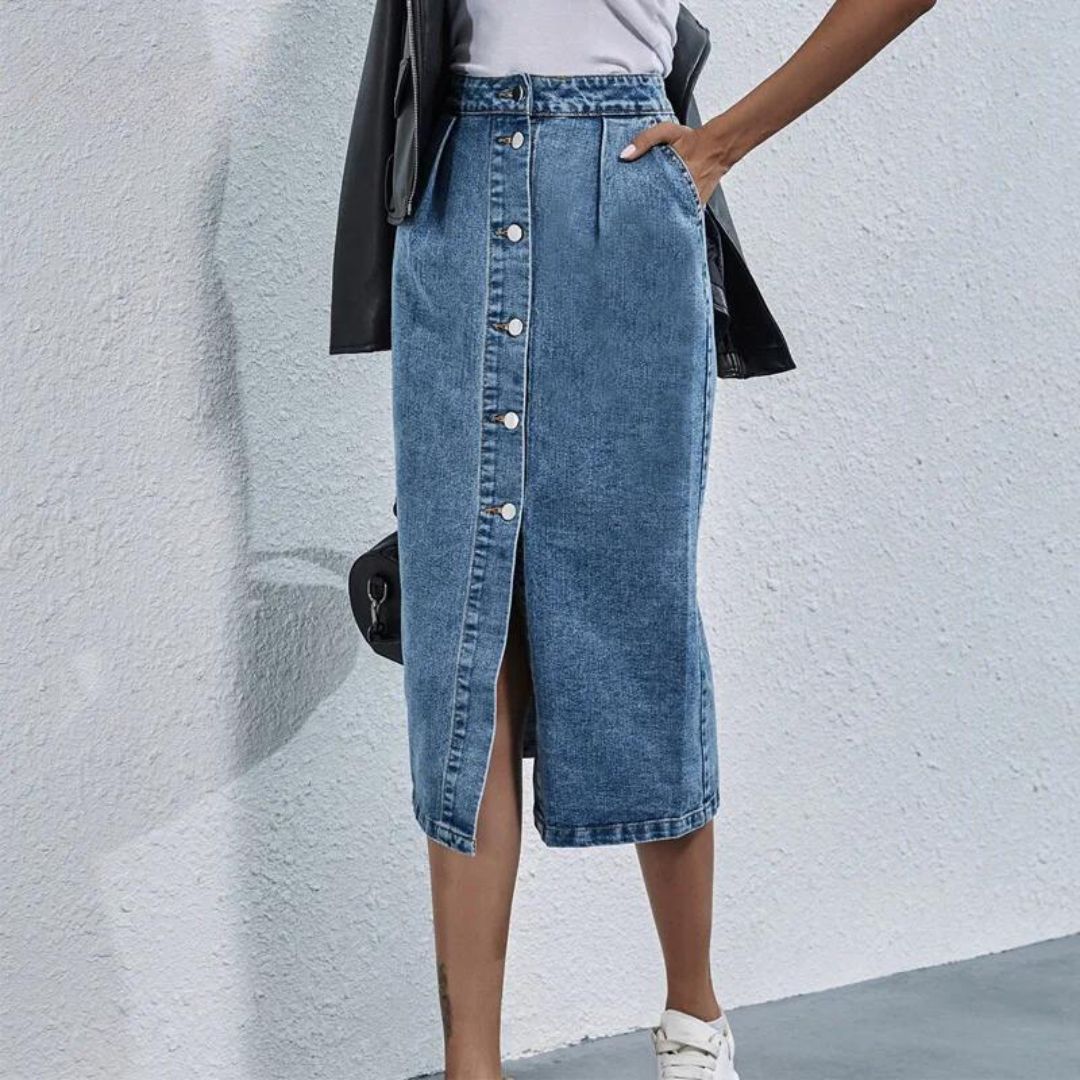 Chic denim midi skirt with button placket