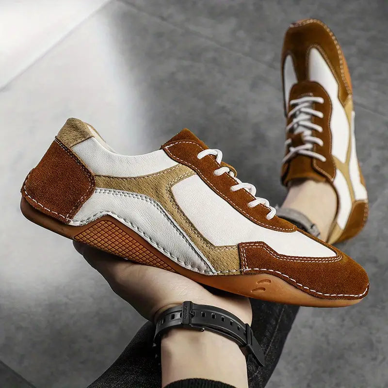 Breathable genuine leather sneakers with corrugated sole design