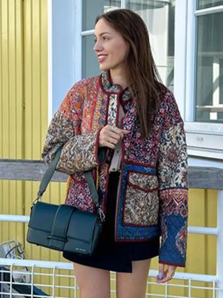 Coat With Floral Print and Patchwork Pockets