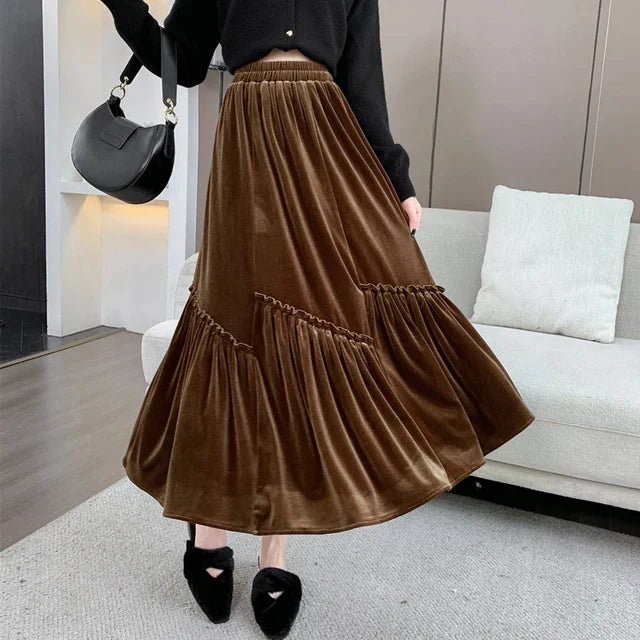 Velvet skirt with high waist and frill trim