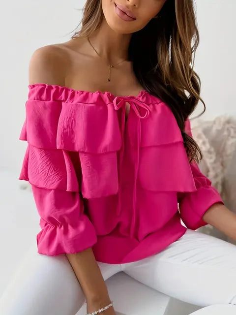 Women's blouse in loose chiffon with off-the-shoulder and flounce edge, elasticated shoulder strap