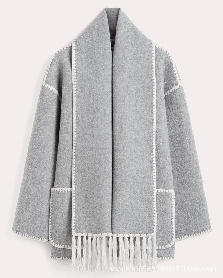 Nancy - Elegant Woolen Scarf Collar Coat