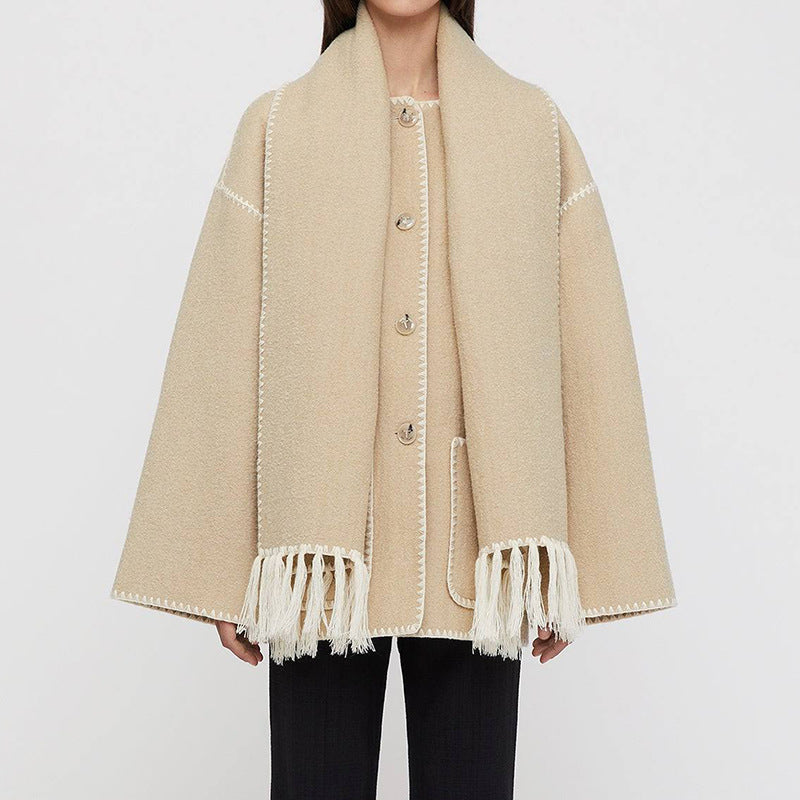 Nancy - Elegant Woolen Scarf Collar Coat