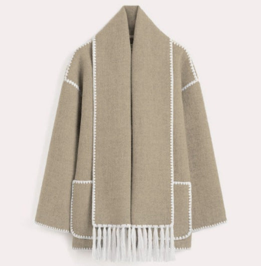 Nancy - Elegant Woolen Scarf Collar Coat