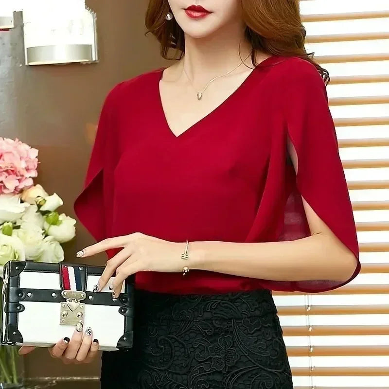 Chiffon blouse with short sleeves and V-neckline