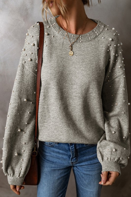 Pearl Drop Shoulder Round Neck Sweater