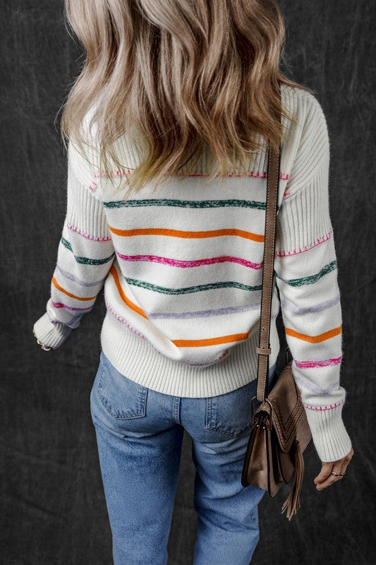 Colorful Striped Ribbed Trim Round Neck Sweater