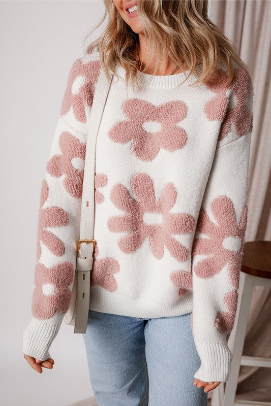 Vintage Flower Drop Shoulder Loose Sweater