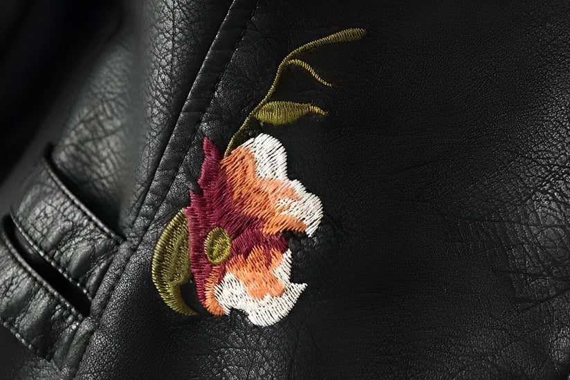 Black vegan leather jacket with floral embroidery for women