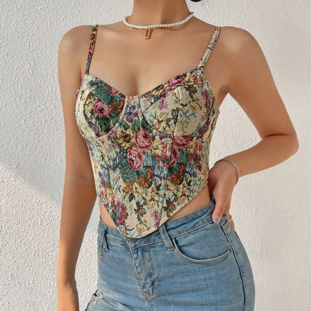 Cami corset with vintage floral print and heart-shaped neckline