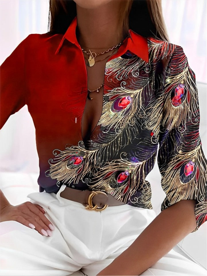 Feather print lapel blouse