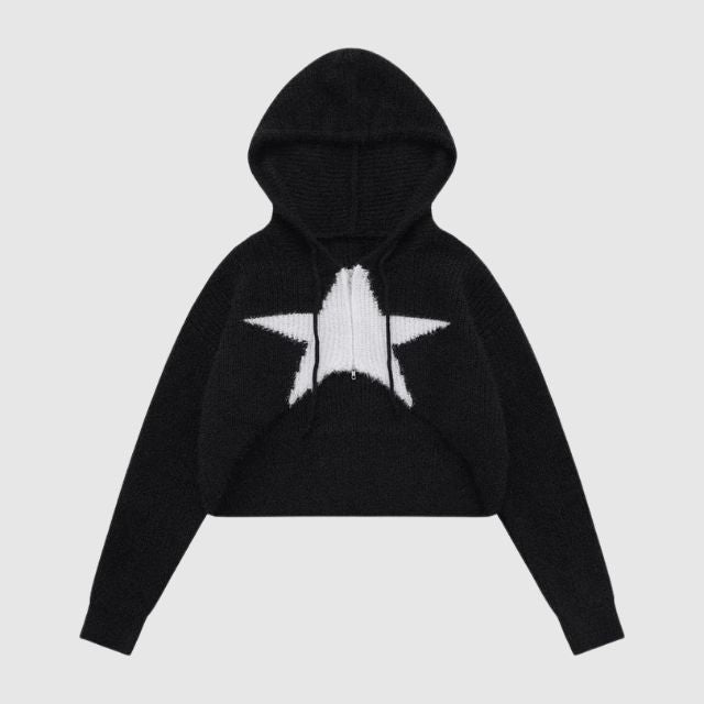 Short knitted hoodie with star pattern