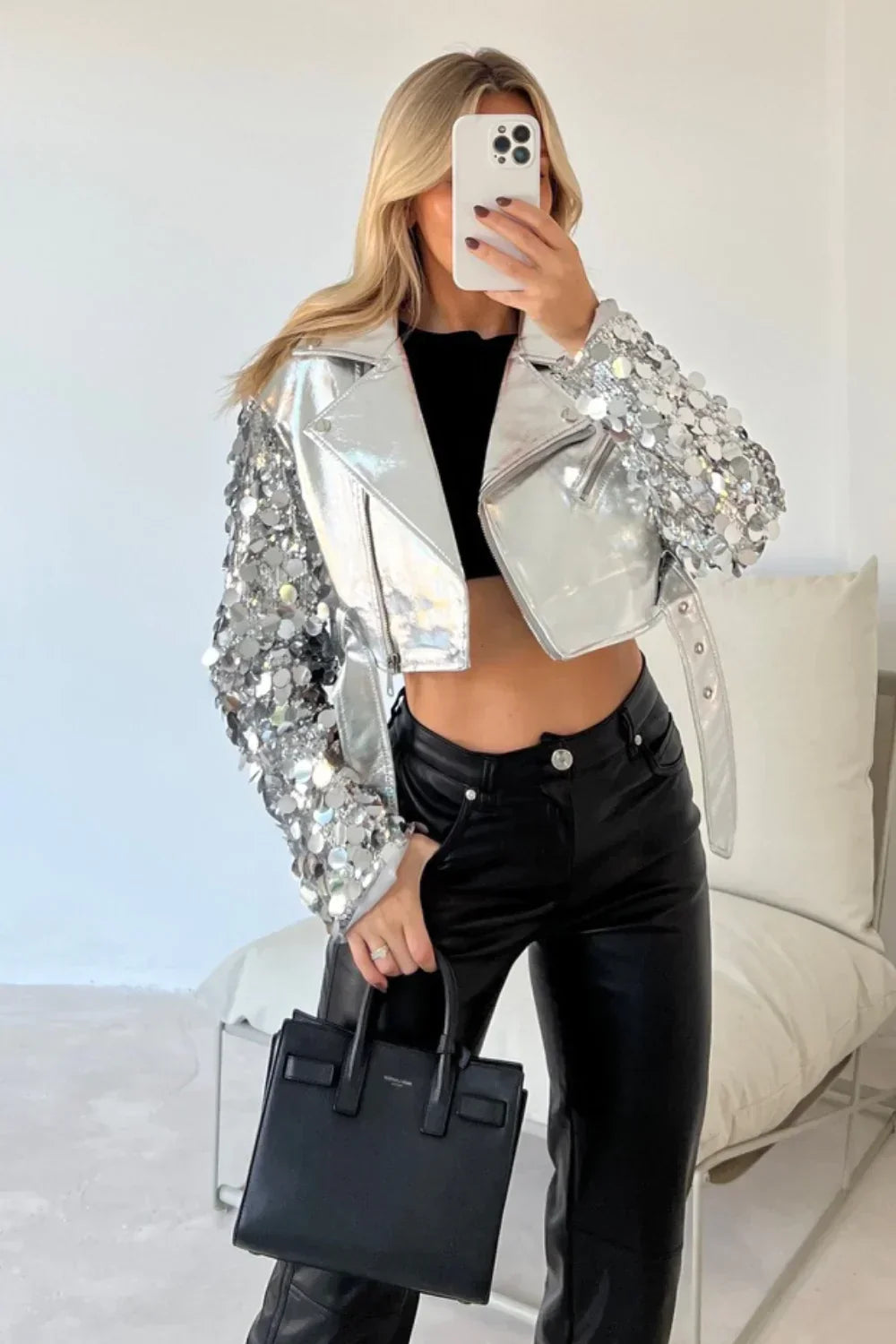 Sequinned leather jacket