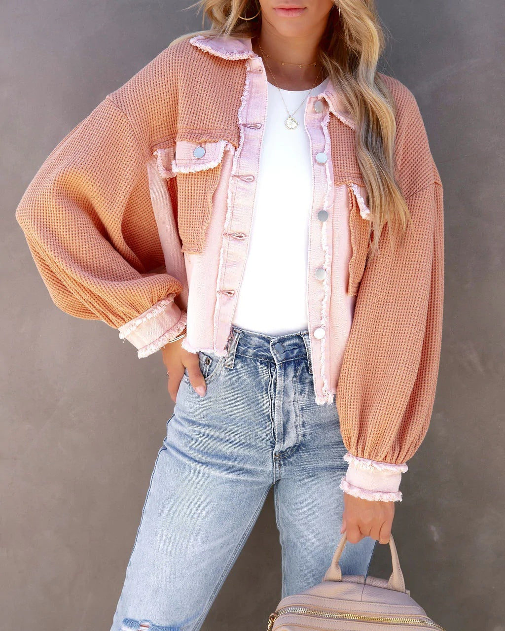 Distressed patchwork jacket with bell sleeves