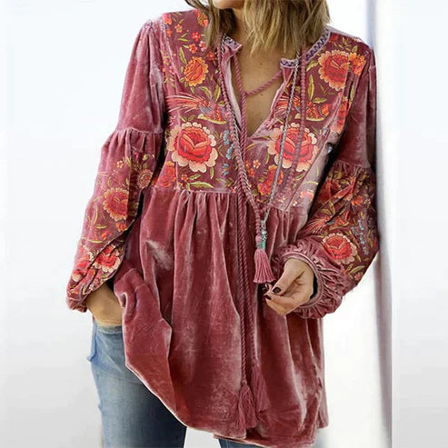 Women's blouse vintage print V-neck long-sleeved shirt