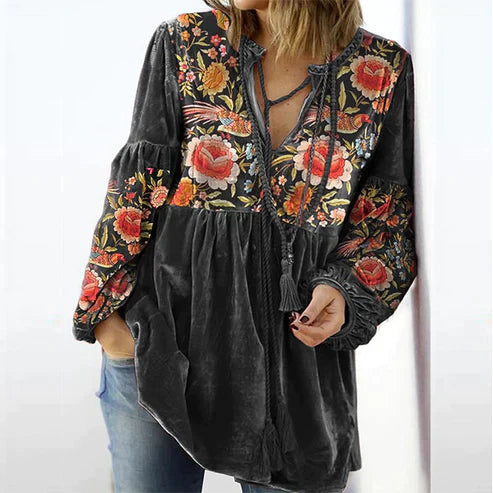 Women's blouse vintage print V-neck long-sleeved shirt