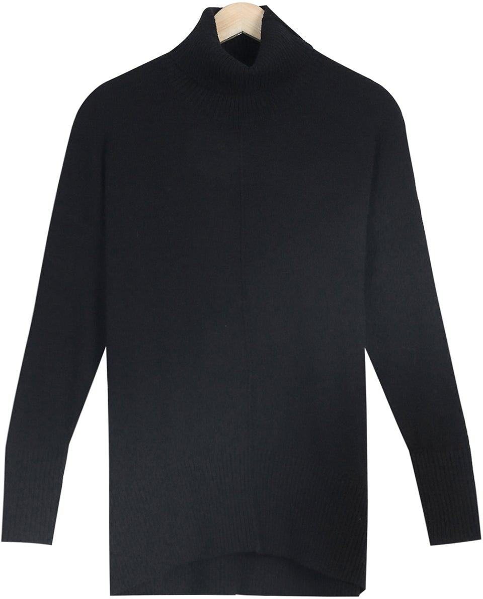 Black Plain Long-Sleeved Sweater with High Neckline