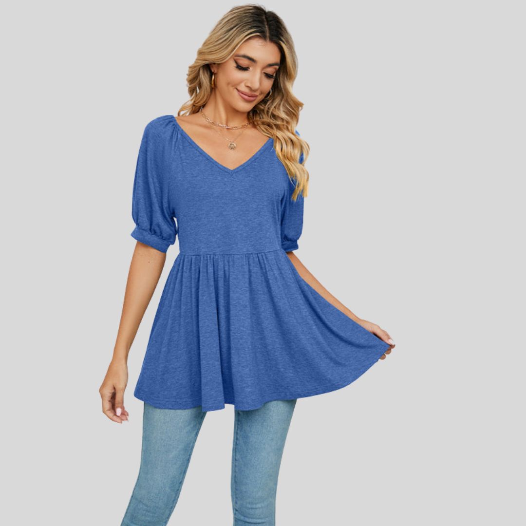 Wide flared peplum top with V-neckline