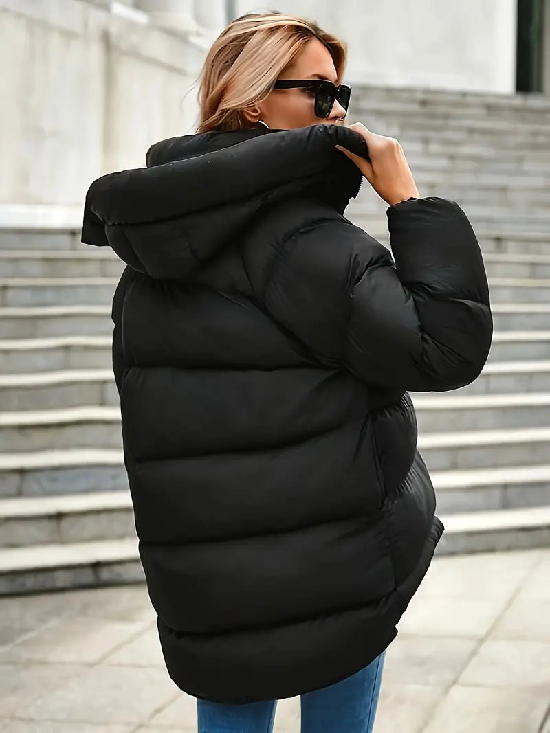 Elegant black hooded winter coat for women - chic and simple