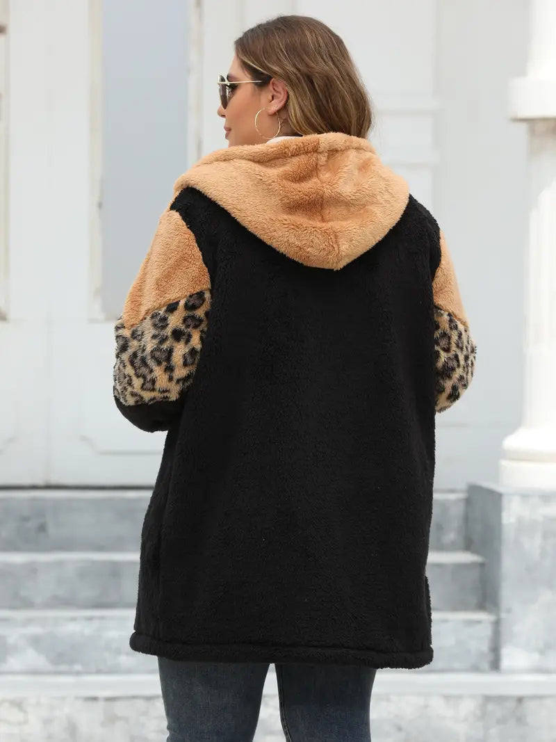 Casual coat for plus size Women black Color Leopard print Teddy Fleece