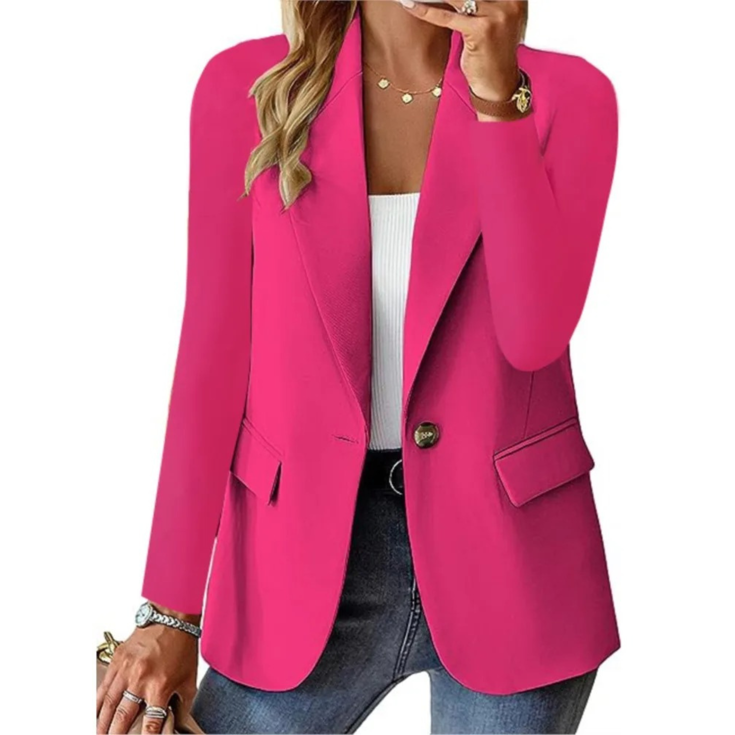 Casual solid ladies' blazer with long sleeves and narrow pocket buckle