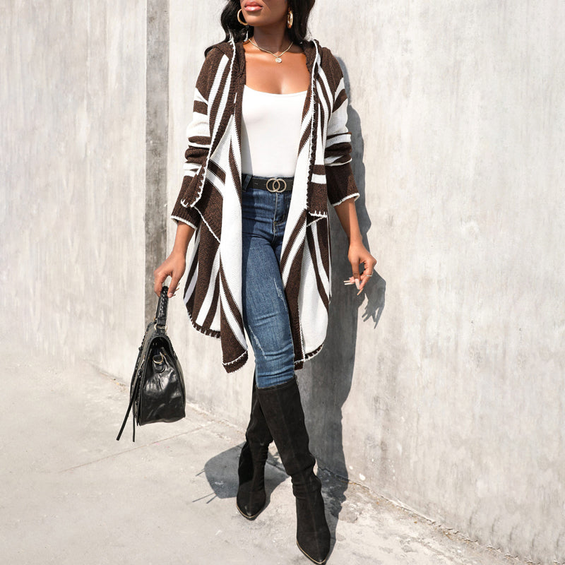 Casual striped spring cardigan with hood