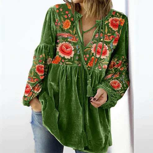 Women's blouse vintage print V-neck long-sleeved shirt