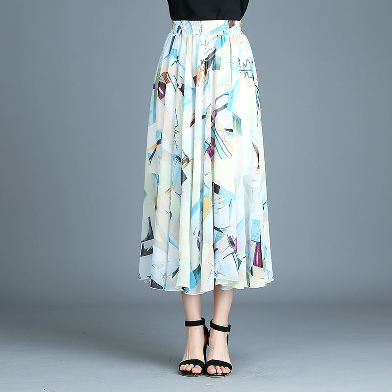 Modern retro skirt printed chiffon dress pleated skirt