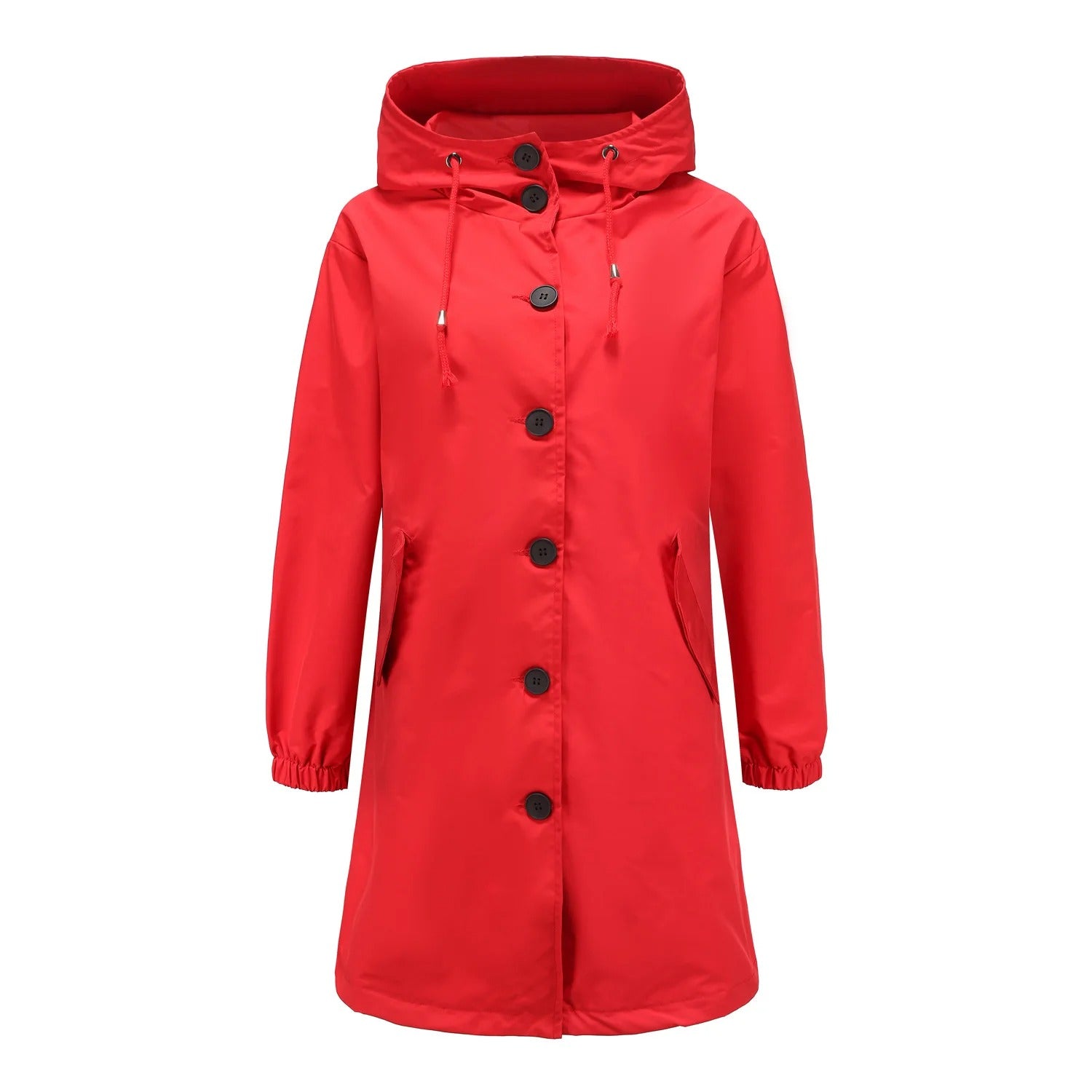 Women's hooded mackintosh with button closure