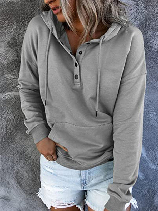 Loose casual button collar hoodie with drawstring