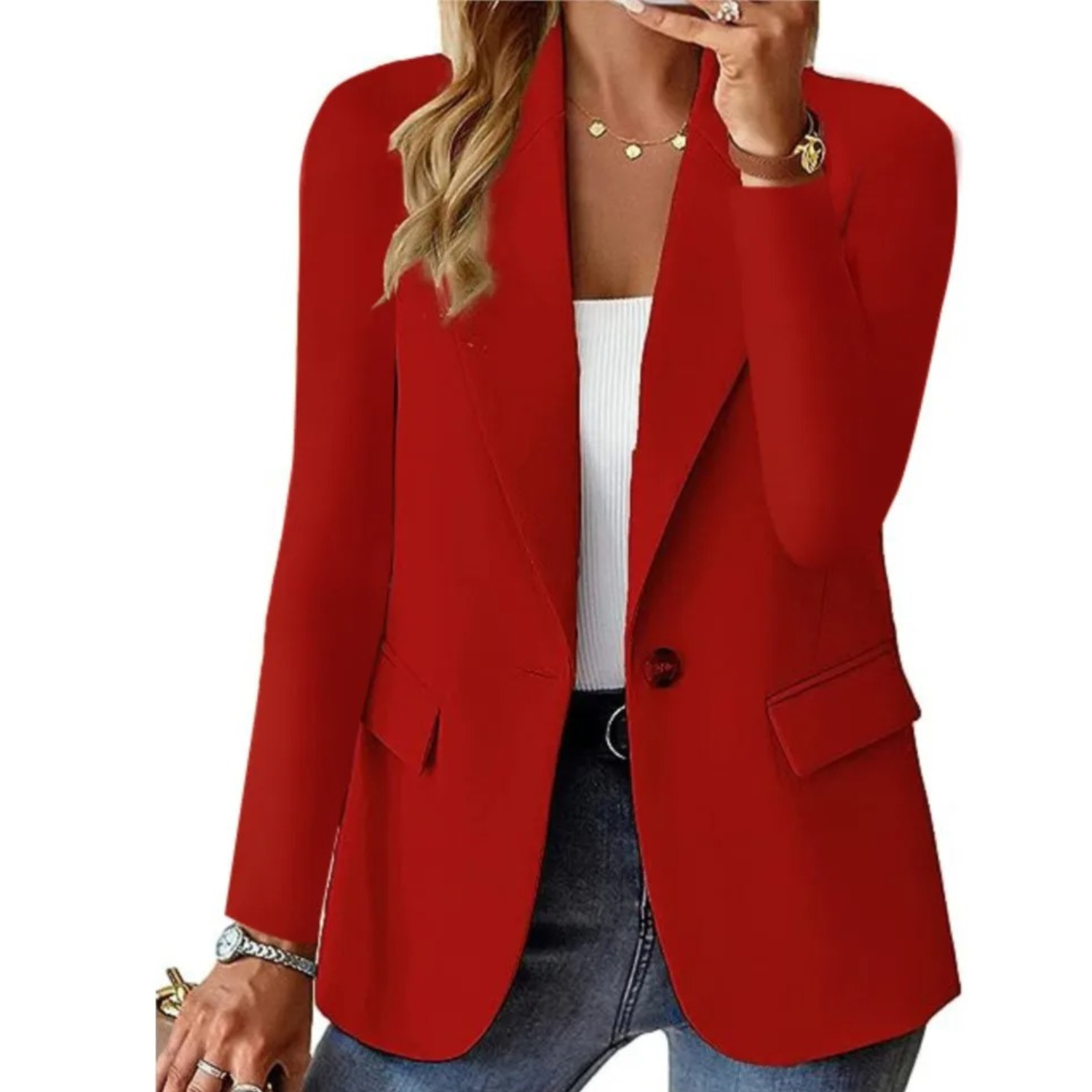 Casual solid ladies' blazer with long sleeves and narrow pocket buckle