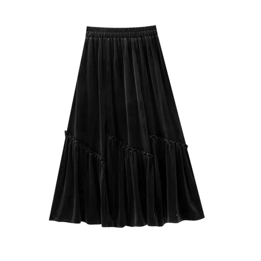 Velvet skirt with high waist and frill trim