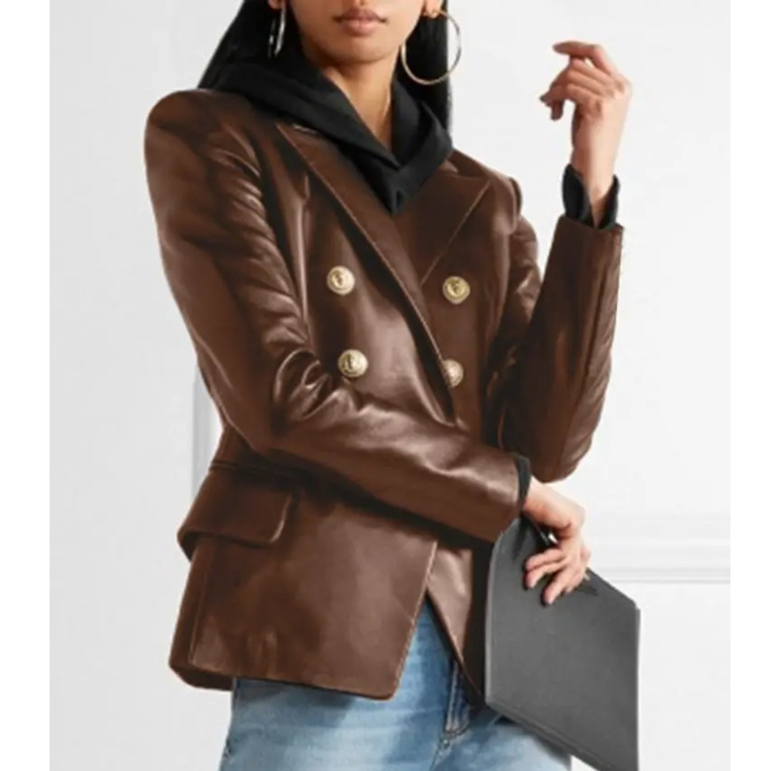 Women's double-breasted faux leather blazer